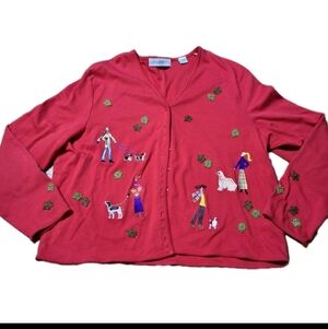 Marisa Christina Womens XL Embroidered Dog Winter Button Cardigan 90s Vintage